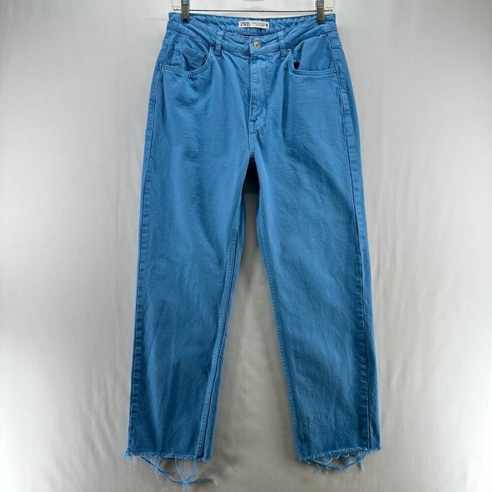 Zara Mom Jeans Womens 2 High Rise Denim Frayed Hem Cotton Zip Button Casual Blue